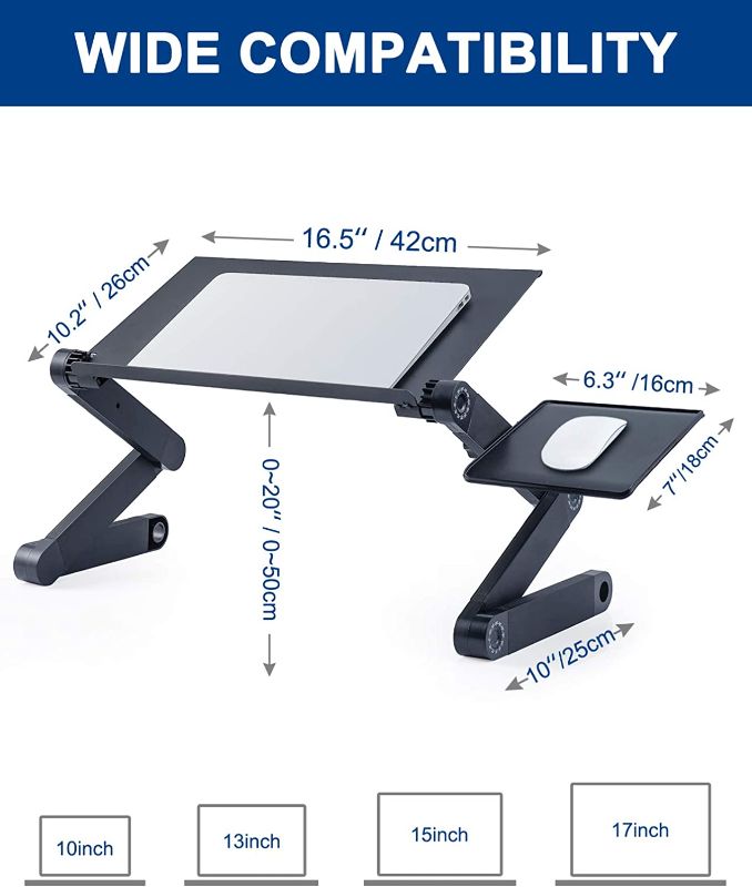 Photo 2 of Adjustable Laptop Desk, RAINBEAN Laptop Stand for Bed Portable Lap Desk Foldable Table Workstation Notebook Riser with Mouse Pad, Ergonomic Computer Tray Reading Holder Bed Tray Standing Desk black