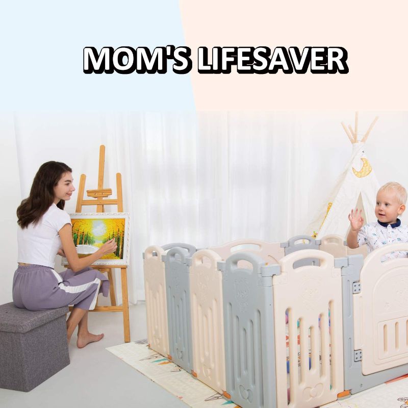 Photo 1 of Baby Playpen, UANLAUO Foldable Toddler Play Yards, Centre Safety Baby Fence NO Gaps with Gate, Playpen for Babies and Toddlers, Boys, Girls(Grey + White, 14 Panel)
