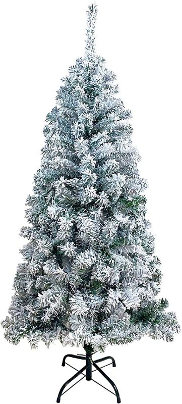 Photo 1 of  5 Feet Hinged Artificial Flocked Snow Pine Christmas Tree with Metal Stand, 400 Tips Recycled PVC Plastic, White