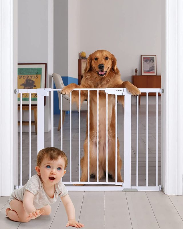 Photo 1 of Family Choice Award Winner-Cumbor 29.5-46" Extra Wide Safety Baby Gate for Stairs, Easy Install Pressure/Hardware Mounted Dog Gates for The House, Auto Close Pet Gate for Dogs, Easy Walk Thru, White
