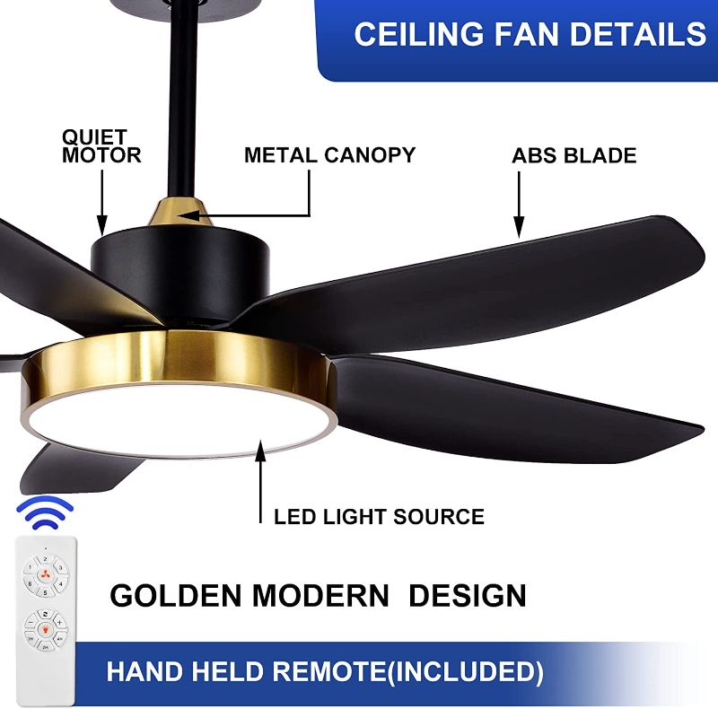 Photo 1 of ALUOCYI 56 Inch Black Ceiling Fan with Lights and Remote Control, Outdoor Ceiling Fan with 3 color Memory and Timing,5 Bades 6 Speeds Reversible Motor for Living Room,Bedroom,Patio, Gold- Matte Black 56 in Black-Gold