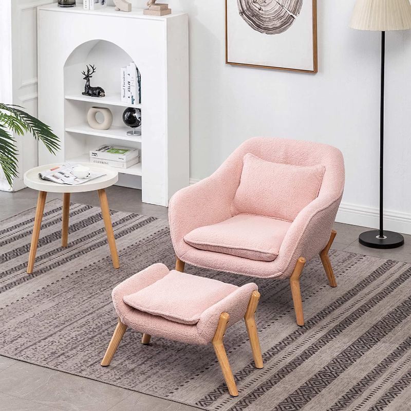 Photo 1 of ALIMORDEN Modern Teddy Velvet Club Chair with Pillow&Ottoman, Accent Single Padded Sofa Armchair with Wooden Frame, Retro Upholstered Lounge Seat, Comfy Reading Chair for Living Room, Bedroom, Pink
