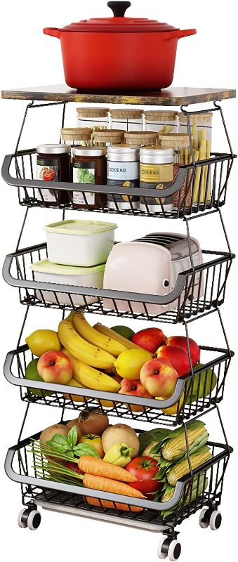 Photo 1 of 5 Tier Fruit Basket for Kitchen, Stackable Fruit and Vegetable Storage Cart with Wooden Top Rolling Wheels Metal Wire Basket Organizer for Onions Potatoes Storage Utility Rack Bins for Kitchen Pantry https://a.co/d/5EgUpcc