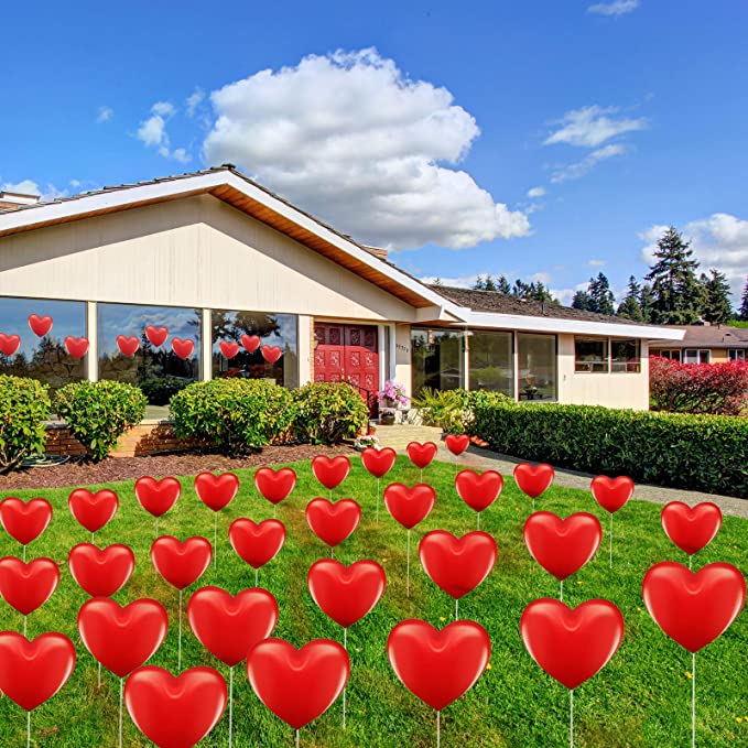 Photo 1 of 30 Pieces Red Hearts Yard Signs Love Heart Garden Signs Outdoor Indoor Signs with 60 Pieces Lawn Stakes for Wedding Engagement Anniversary Decorations (Vivid Style) 