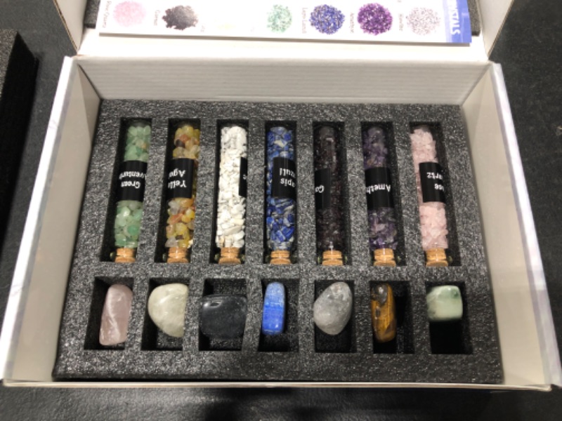Photo 3 of 24 Pack Healing Crystals Set for Beginners - Chakra Balancing Stones Kit for Meditation Yoga Witchcraft - 14 Tumbled & Rough Stones, 7 Bottles Crystal chips, 1 Lava Bracelet, 1 Selenite Charging Plate