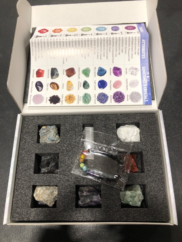 Photo 2 of 24 Pack Healing Crystals Set for Beginners - Chakra Balancing Stones Kit for Meditation Yoga Witchcraft - 14 Tumbled & Rough Stones, 7 Bottles Crystal chips, 1 Lava Bracelet, 1 Selenite Charging Plate