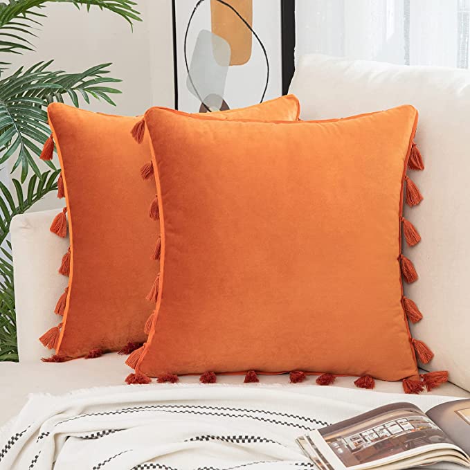 Photo 1 of  Pack of 2 Velvet Decorative Throw Pillow Covers with Tassels Fringe Boho Accent Solid Cushion Covers Rectangle Soft Cozy for Bed Sofa Couch Living Room 18x18inch Orange