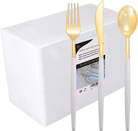 Photo 1 of 144Pcs Gold Plastic Silverware,Heavy Duty Gold Plastic Cutlery Disposable Flatware,Gold Plastic Utensils Set Includes 48 Gold Forks,48 Gold Knives,48 Gold Spoons for Party and Wedding &Birthday. OPEN BOX. 
