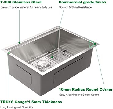 Photo 3 of 27 Undermount Kitchen Sink - Sarlai 27 Inch Kitchen Sink Undermount Ledge Workstation Deep Single Bowl 16 Gauge R10 Tight Radius Stainless Steel Kitchen Sink Basin 27"x19" Stainless Steel