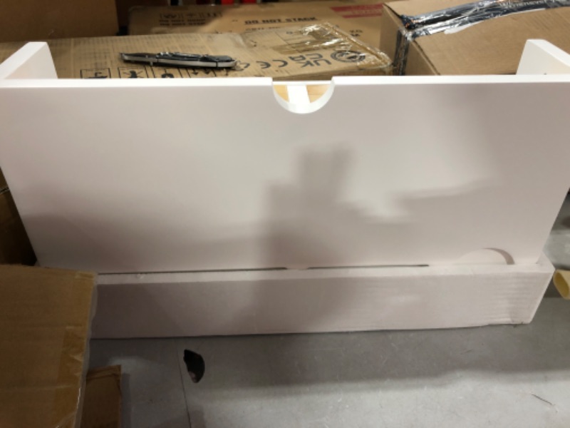 Photo 1 of Monitor Stand Riser with Drawer - White Laptop Stand, Bamboo Desktop Shelf Organizer for Computer, TV, Printer, Office Supplies & Accessories with Phone Holder & Cups Slot, No Assembly Needed