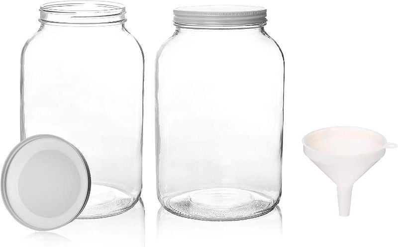 Photo 1 of 4Pack - 1 Gallon Glass Mason Jar with Funnel Brewing and Fermenting Set - Metal Lids- Wide Mouth Neck- Easy Bottling and Pouring - Safe for Kombucha, Kefir and Canning - BPA Free -By Kitchentoolz 