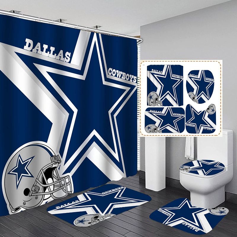 Photo 1 of Namdeva 4PCS Sports Shower Curtain Set, American Football 3D Navy Blue Texas Star Grey Helmet White Quotes Touchdown Man Cave Bathroom Decor, Non-Slip Bath Mat Toilet Rug, Gifts for Men Teenage Boys 