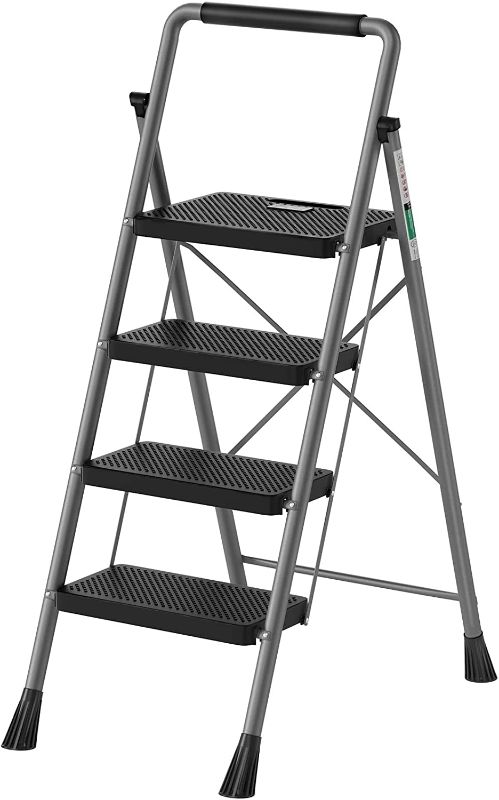 Photo 1 of 4 Step Ladder, RIKADE Folding Step Stool, Step Stool with Wide Anti-Slip Pedal, Lightweight, Portable Folding Step Ladder with Handgrip, Multi-use Steel Ladder for Household and Office 