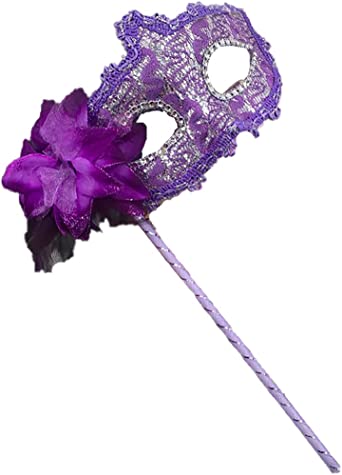 Photo 1 of AZYOUNG Women's Masquerade Masks Side Feather Flower Petal Hand Held Lace Mask with Stick 