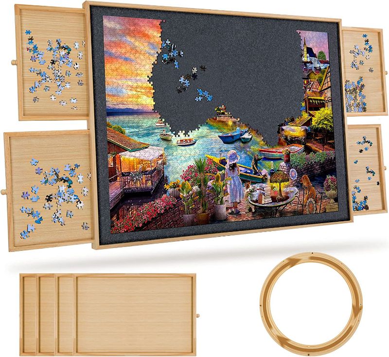 Photo 1 of 1500 Piece Rotating Jigsaw Felt Puzzle Board with 4 Drawers & Cover, 34.2” X 26" Wooden Felt Puzzle Table, Rotating Lazy Susan Design for Adults and Kids Portable Board 