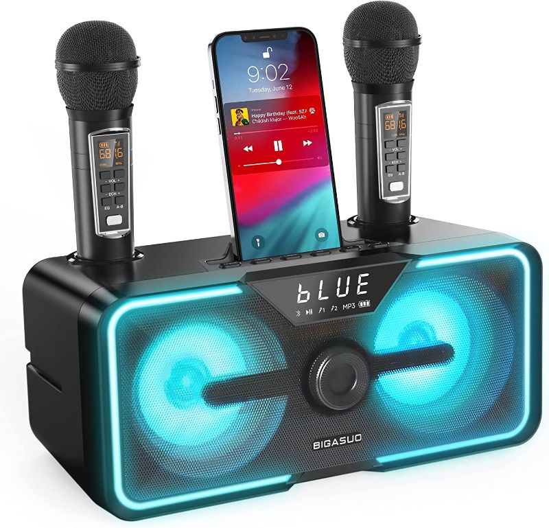 Photo 1 of BIGASUO Karaoke Machine for Adults Kids with 2 UHF Wireless Microphones, Portable Bluetooth Singing PA Speaker System with LED Lights for Home Party, Wedding, Church, Picnic, Outdoor/Indoor 