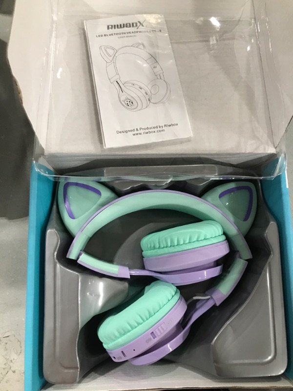 Photo 2 of Kids Headphones, Riwbox CT-7S Cat Ear Bluetooth Headphones 85dB Volume Limiting,LED Light Up Kids Wireless Headphones Over Ear with Microphone for Laptop/PC/TV (Purple&Green)