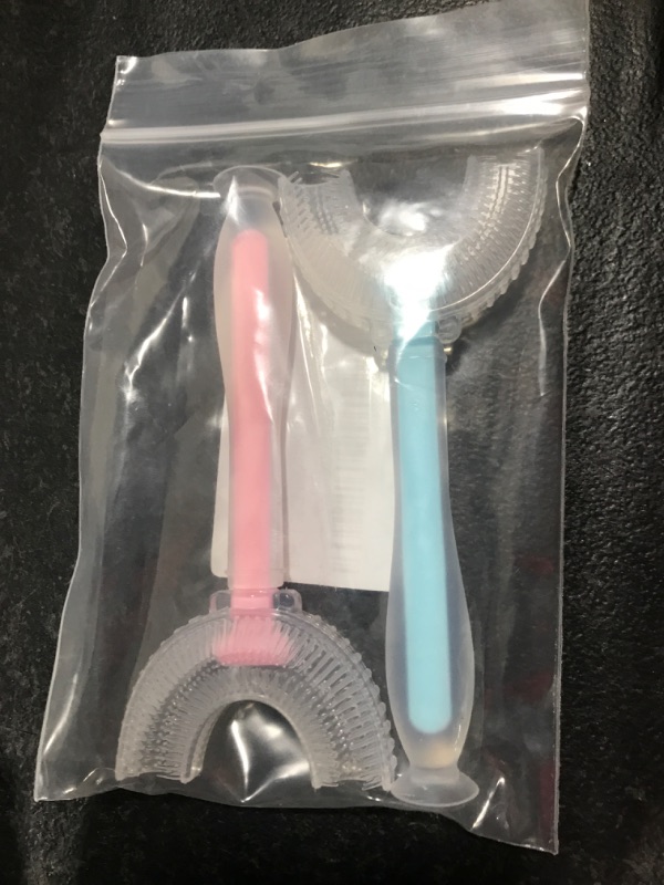 Photo 2 of BikBok 2PCS U Shaped Toothbrush for Kids, 360¡ã Cleanning Toddler Toothbrush, Extra Soft Silicone Baby Toothbrush for 2-12 Years (2-4 Years Old, Blue+Pink)