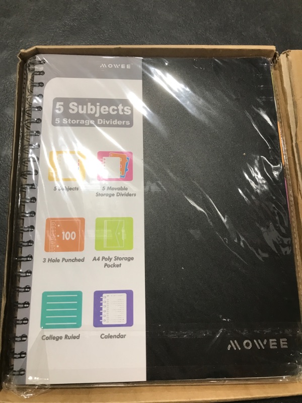 Photo 2 of MOWEE Spiral Notebook - 5 Subject Notebook, College Ruled Notebook 3-Hole Punched With Dividers, Storage Pockets, 11" Ruler, 200 Pages, for Writing Journal, Home &Office, School Supplies, 8.1''x11.7''?Black? Black 1 Pack