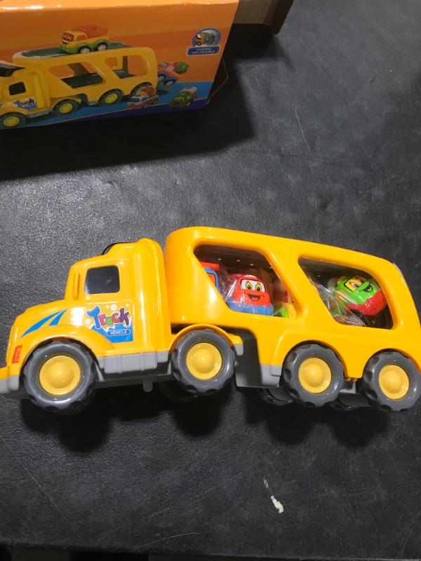 Photo 2 of iHaHa Toy Trucks Car for 1 2 3 4 5 Year Old Toddlers Boys, 5 in 1 Carrier Truck Car Construction Vehicles Toys for Kids Boys Girls Toddlers Christmas Birthday Gifts, Car Trucks Toys with Light Sound Yellow