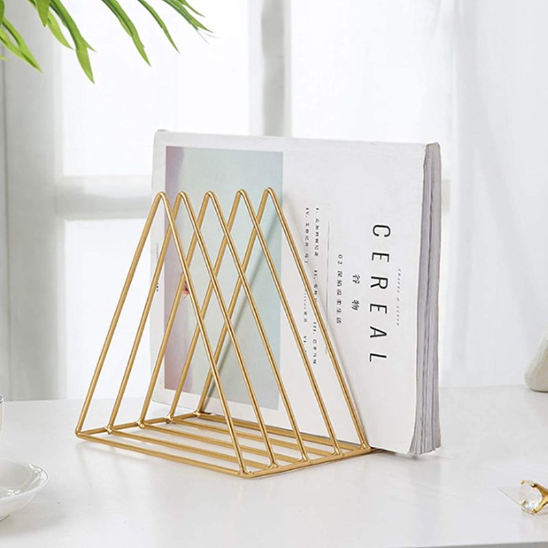 Photo 1 of QPEY Triangle File Holder,5 Slot Metal Vinyl Record Stand Holder Magazine Newspaper Holder Photography Props for Office Home 1 Pc (Gold)
