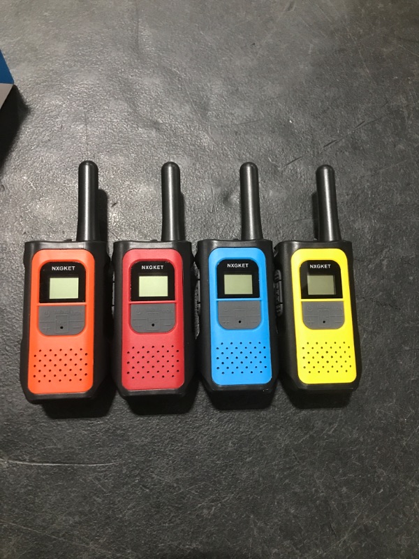 Photo 2 of Walkie Talkies, NXGKET Walkie Talkies for Adults Long Range 4 Pack, 22 Channels Two-Way Radios FRS VOX, Walky Talky Rechargeable with Li-ion Battery USB Charger Auto Squelch for Biking Camping Hiking 4 Pack 1Blue & 1Orange & 1Red & 1Yellow & 2Micro USB Ca
