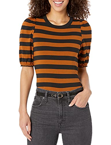 Photo 1 of Amazon Essentials Women's Classic-Fit Puff Short-Sleeve Crewneck T-Shirt, Dark Camel/Black, Stripe, Small
