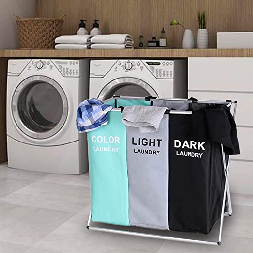 Photo 1 of 135L Laundry Cloth Hamper Sorter Basket Bin Foldable 3 Sections with Aluminum Frame 26''×24''H Washing Storage Dirty Clothes Bag for Bathroom Bedroom Home Storage basket (3 Liner, Green+grey+black)
