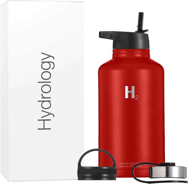 Photo 1 of H2 Hydrology Water Bottle - 64 oz with 3 LIDS Double Wall Vacuum Insulated Stainless Steel Wide Mouth Sports Hot & Cold...
