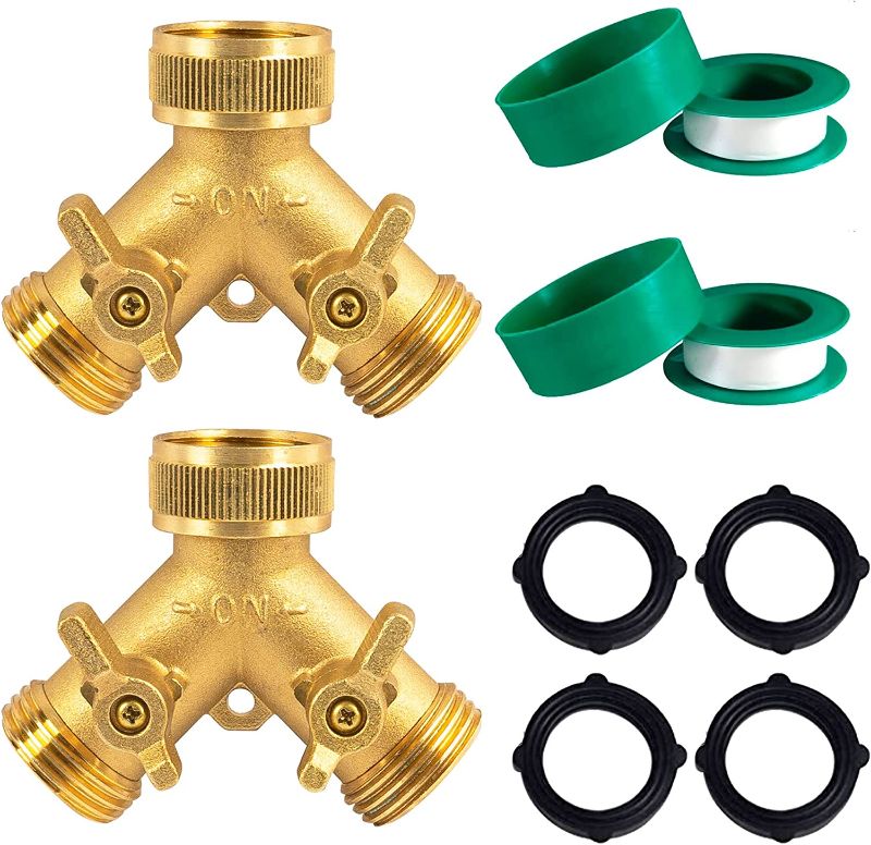 Photo 1 of Hourleey Brass Garden Hose Splitter (2 Way), Solid Brass Hose Y Splitter 2 Valves with 2 Extra Rubber Washers (2 Pack)
