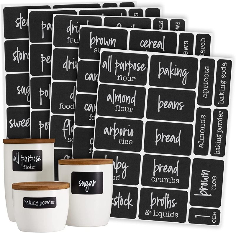 Photo 1 of 136 Pieces Chalkboard Pantry Labels for Food Containers, Preprinted White Script on Black Stickers for Jars, Kitchen Canisters (Water Resistant)