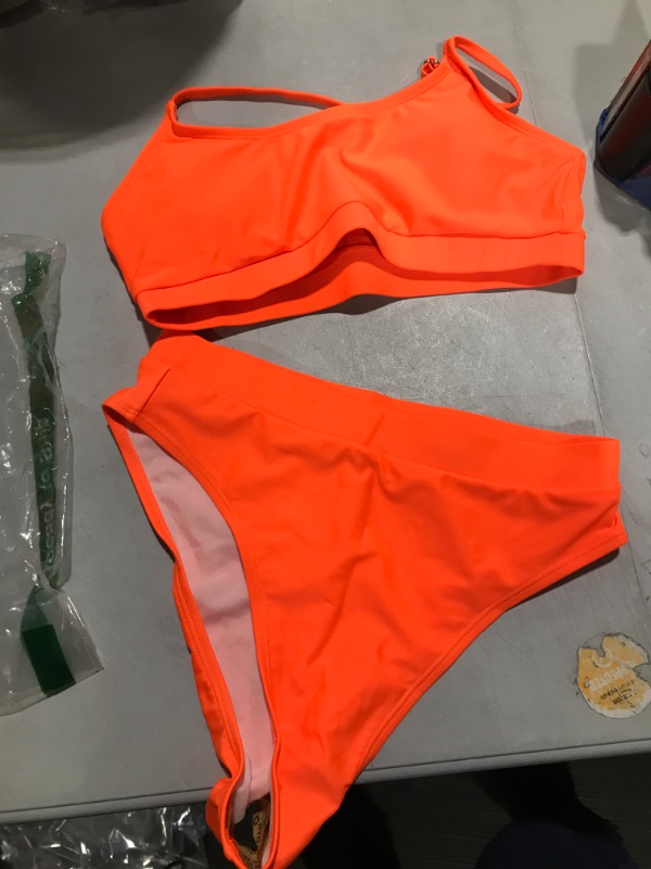 Photo 2 of Pink Queen Women's Push Up Pad High Cut High Waisted Cheeky Two Piece Swimsuit Medium 01 - Orange