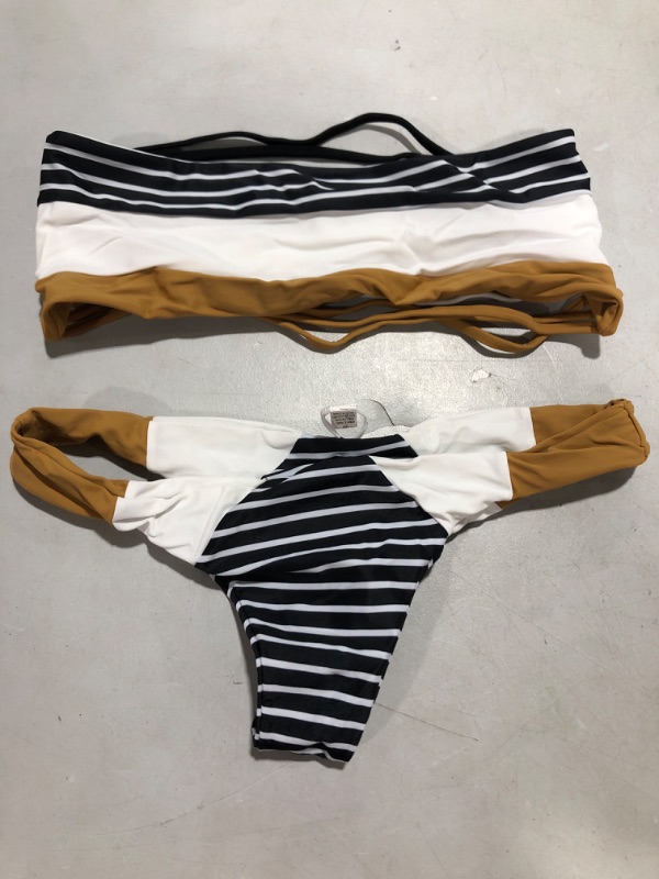 Photo 2 of Blugibedramsh Women's Bikini Swimsuits Strapless Two Pieces Bathing Suits Print Bandeau Swimwear Thong Bikinis Set - XL