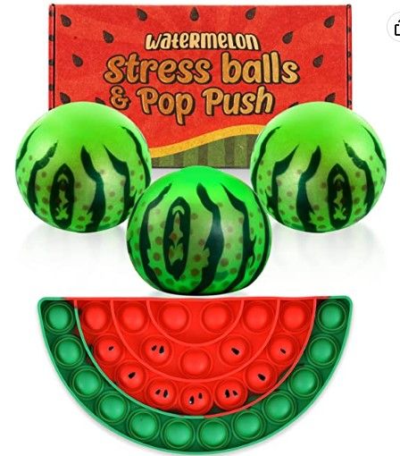 Photo 1 of Fidget Pack 4pcs, 3 Cute Stress Balls for Kids & 1 Popper Fidget Toy Set, Watermelon Bubble Popping Sensory Toys for Toddlers, Beads Squeeze Ball & Pop Fidget Autism Toys, Anti Anxiety Stress Relief
