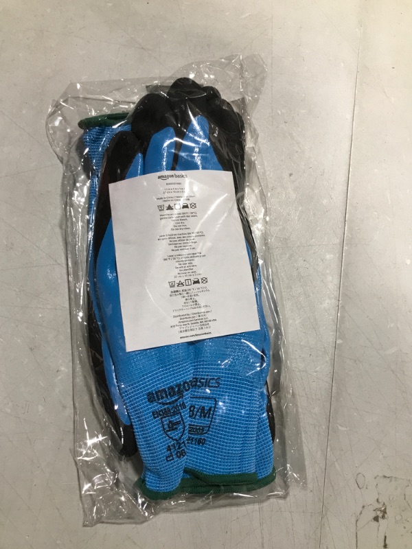 Photo 1 of Amazon Basics 15 gauge polyester nitrile fully coated, sandy nitrile palm coated outer Size 8,M, 2-pair Medium (Pack of 2) 15 Gauge 2pairs/pack