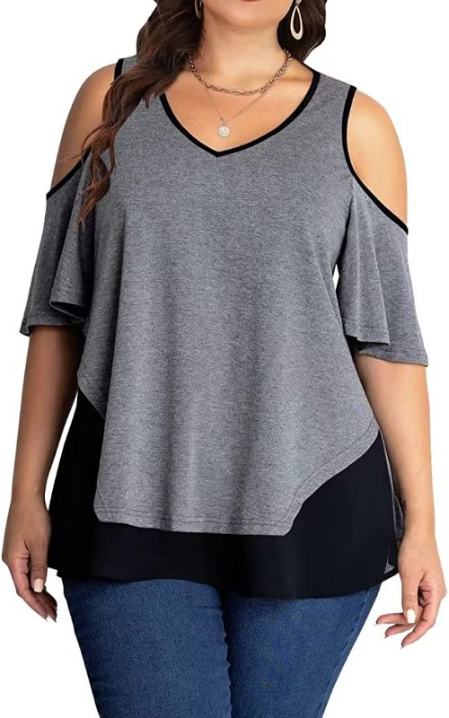 Photo 1 of AMCLOS Womens Plus Size Tops Cold Shoulder V Neck T Shirt Short Sleeve Summer Casual Tunic XL
