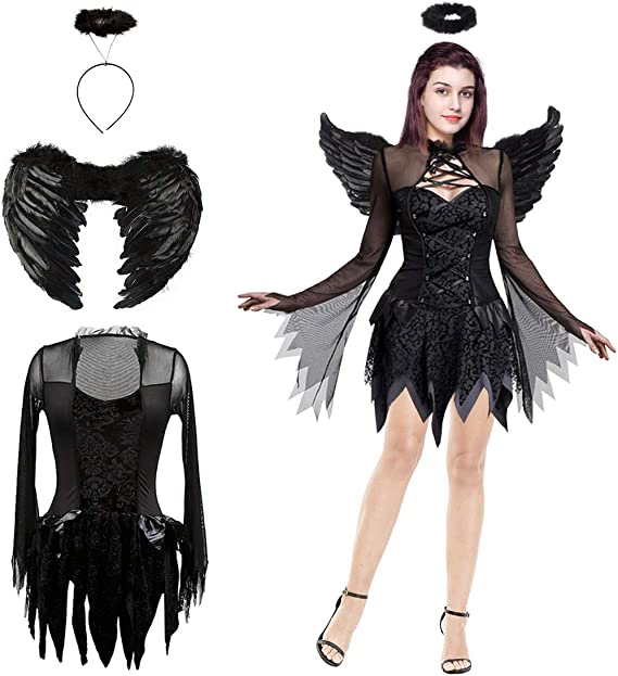 Photo 1 of Dark Angel Costumes Dress Deluxe Halloween Black Fallen Angel Costume Devil Dress Costumes for Women
Size: XL