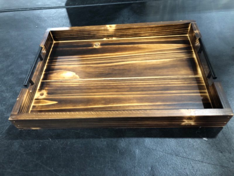 Photo 1 of  Burnt Wooden Tray, 20-Inch Serving with Modern BLACK Metal Handles, Ideal for Serving Breakfast, Coffee, Dinner, Wine, Appetizer, Bar, and Food, Party or Display Use
