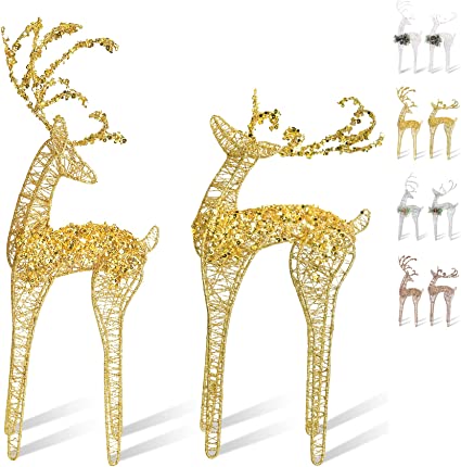 Photo 1 of ZHANYIGY 2pc Set White Bead Gold Winding Thread String Christmas Reindeer Figurine Table Desk Decorations Glittering Xmas Holiday Party Supply
