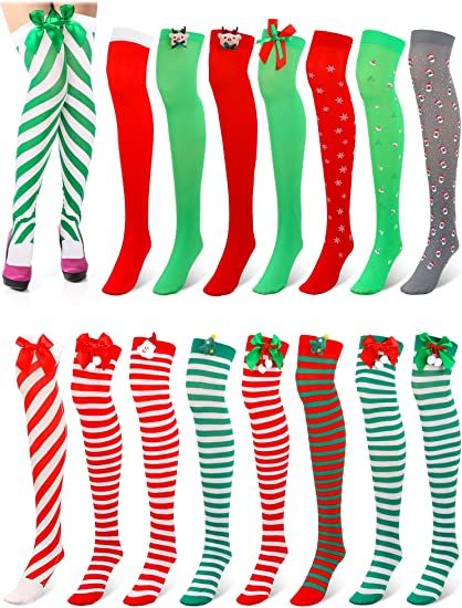 Photo 1 of 16 Pairs Christmas Thigh High Socks Christmas Striped High Socks Women over Knee Socks with Bow Candy Cane Socks Gift for Women and Girls
