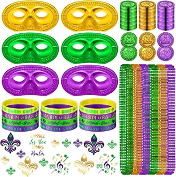 Photo 1 of 126 Mardi Gras Accessories Set Mardi Gras Party Favors Mardi Gras Decorations Mardi Gras Costume Masquerade Masks, Beads, Necklaces, Rubber Bracelets, Tattoos for Men Women Party Supplies Bulk Purple
