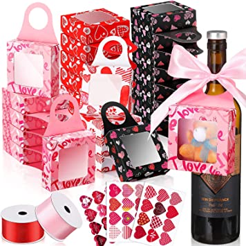 Photo 1 of 36 Pcs Valentine's Day Wine Bottle Box with Window Hanging Foldable Gift Boxes Bottle Hanger Favor Box Wine Boxes for Gifts with Red Pink Satin Ribbon and Heart Stickers for Party (Square Window)
