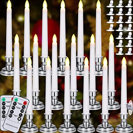 Photo 1 of 18 Pack Flameless Window Candles with Remote and Timer 7.9 Inches Battery Operated LED Taper Candles with Removable Candlesticks and Suction Cups Taper Candlesticks for Christmas (Silver Holder)

