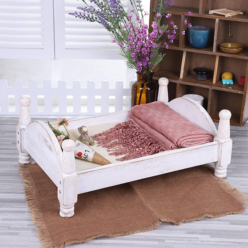 Photo 1 of iayokocc Baby Photoshoot Props, Newborn Photography Prop Bed Baby Photography Cot, Baby Doll Bed Detachable Photo Background Wooden Bed for Baby Photo Studio Posing(White)