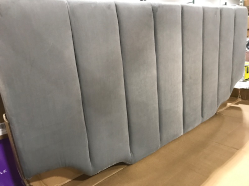 Photo 3 of 24KF Gray Velvet Upholstered Tufted Queen Size Headboard Full Size Headboard with Vertical Channel Design Queen/Full -Gray Queen/Full Gray-queen