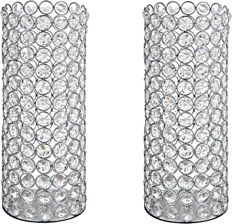 Photo 1 of 2 Pcs Crystal Metal Pillar Candle Holder, 10.4" Vintage Hurricane Candle Holder Decorative Cylinder Vases Great Centerpieces for Home Decor Wedding Parties Events
