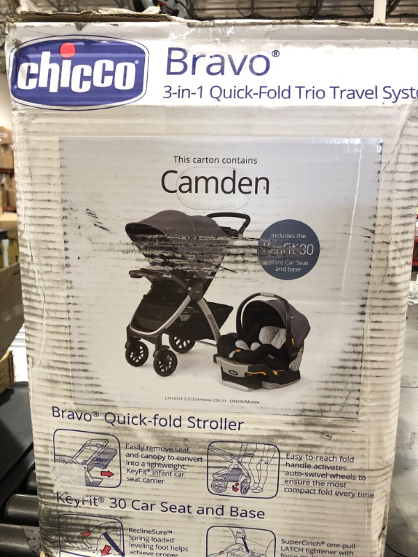 Photo 3 of Chicco Bravo 3-in-1 Trio Travel System, Bravo Quick-Fold Stroller with KeyFit 30 Infant Car Seat and base, Car Seat and Stroller Combo | Camden/Black Camden Bravo