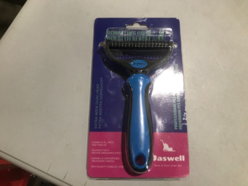 Photo 1 of JASWELL Pet Grooming Tool- 2 Sided Undercoat Rake for Dogs &Cats-Safe and Effective Dematting Comb for Mats&Tangles Removing-No More Nasty Shedding or Flying Hair Blue