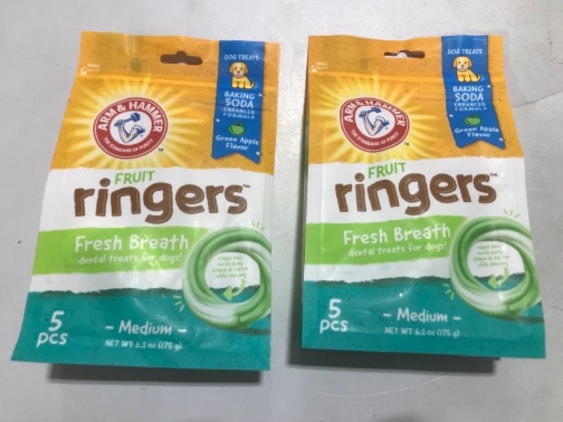 Photo 2 of Arm & Hammer for Pets Ringers Dental Treats for Dogs | Dog Dental Chews Fight Bad Breath & Tartar Without Brushing | Fruity Green Apple Flavor in Dog Treat Bag, 5-Ct Dental Dog Chews Green Apple 5 Count (Pack of 2)