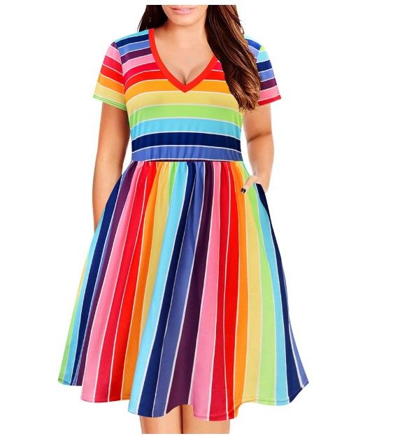 Photo 1 of  Basic Rainbow Stripe V Neck Short Sleeve Raglan Elegant Summer Casual Colorful Tie Waist Loose Fit Dress 5xl 